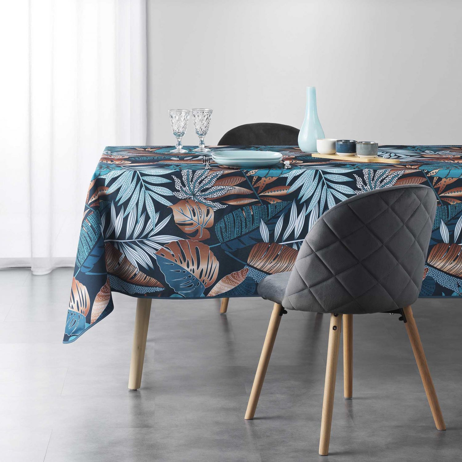 Nappe Antitache 150 X 240 Cm Feuillages Bleu Et Cuivre