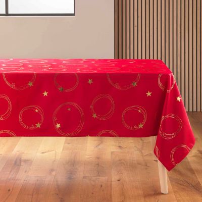 Nappe antitache rectangulaire 150x240 cm - Etoiles et ronds or métallisés - Fond Rouge