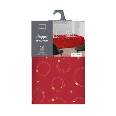 Nappe antitache rectangulaire 150x240 cm - Etoiles et ronds or métallisés - Fond Rouge