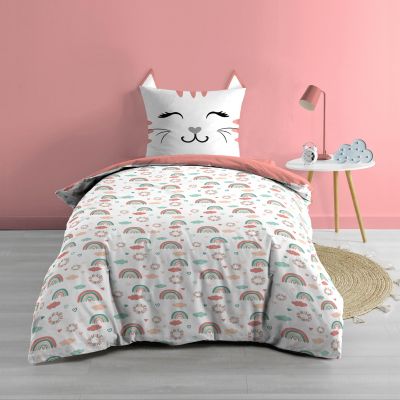 Housse de couette enfant 140x200 cm + taie - Chaton et Arc-en-ciel