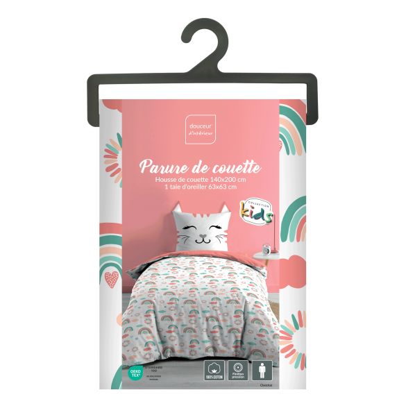 Housse de couette enfant 140x200 cm + taie - Chaton et Arc-en-ciel