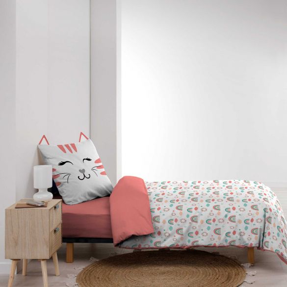 Housse de couette enfant 140x200 cm + taie - Chaton et Arc-en-ciel