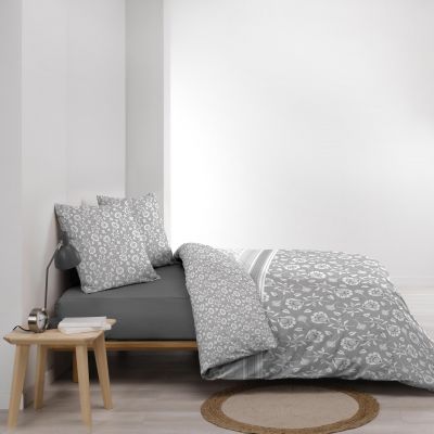 Housse de couette 220x240 cm + taies - Imprimé floral gris et blanc