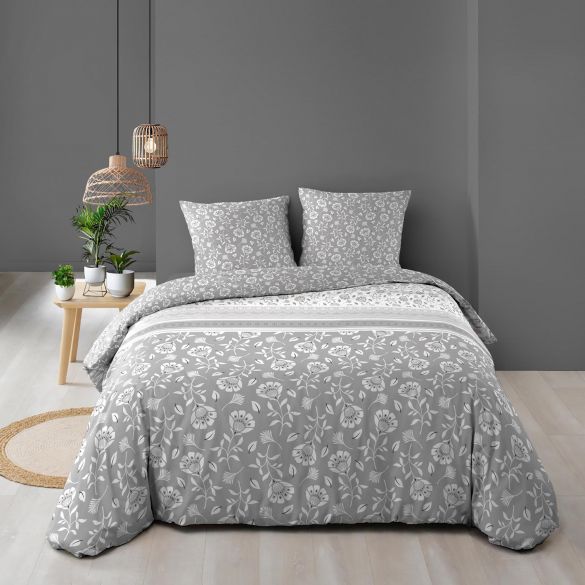 Housse de couette 220x240 cm + taies - Imprimé floral gris et blanc