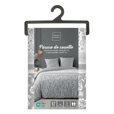 Housse de couette 220x240 cm + taies - Imprimé floral gris et blanc