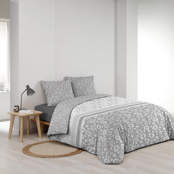 Housse de couette 220x240 cm + taies - Imprimé floral gris et blanc