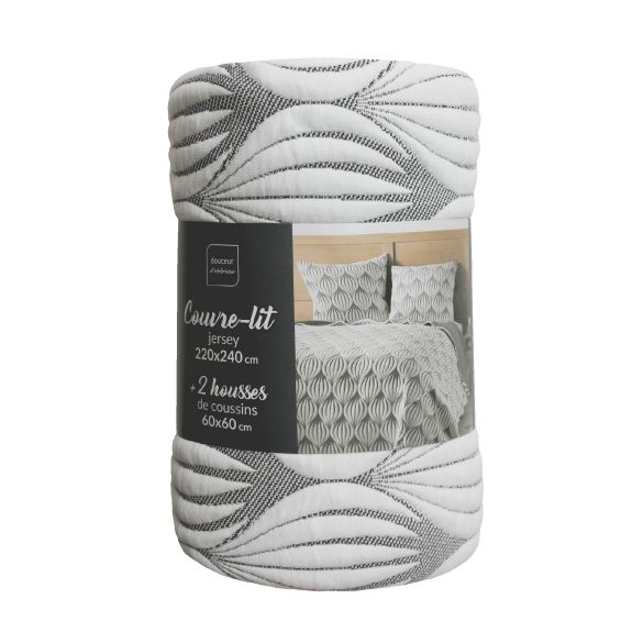 Couvre lit 220x240 cm + 2 Housses de coussin - Relief blanc et gris